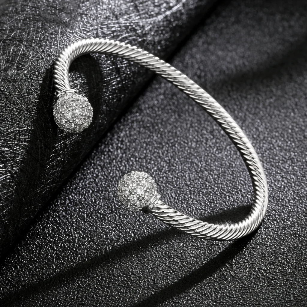 New 4mm Silver Ball Torque Bangle Bracelet with Stones 7.5/8 Inch