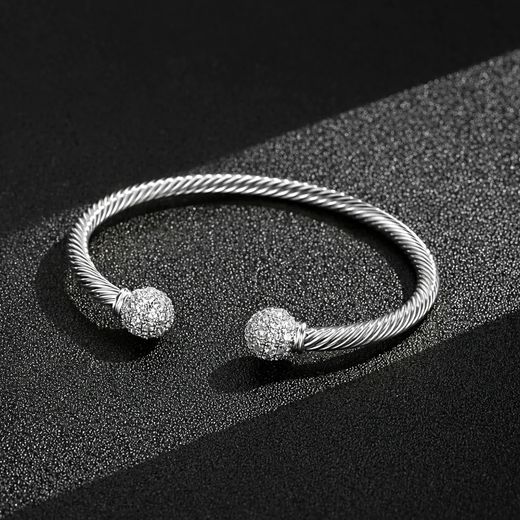 New 4mm Silver Ball Torque Bangle Bracelet with Stones 7.5/8 Inch - Image 2