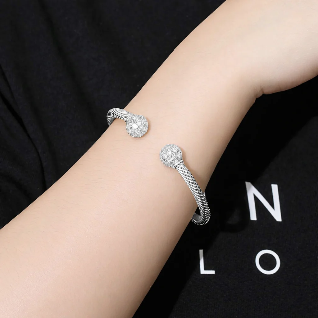 New 4mm Silver Ball Torque Bangle Bracelet with Stones 7.5/8 Inch - Image 4