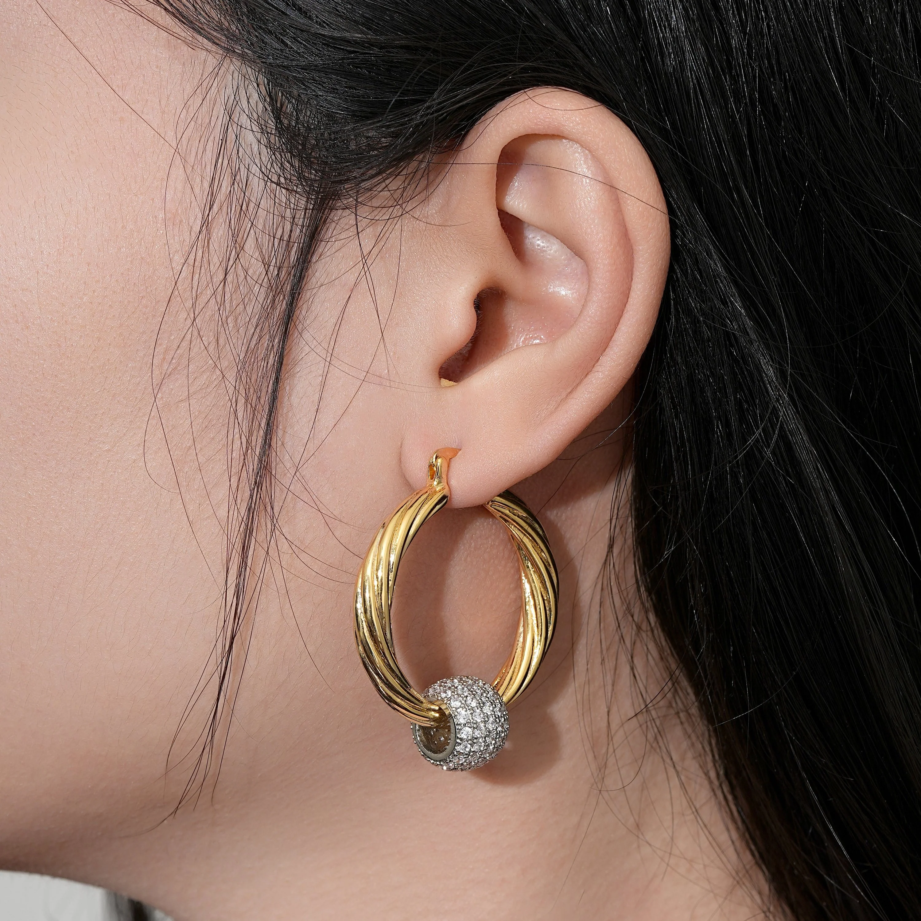 Gold Large Hoop Earrings Disco Ball - Image 3
