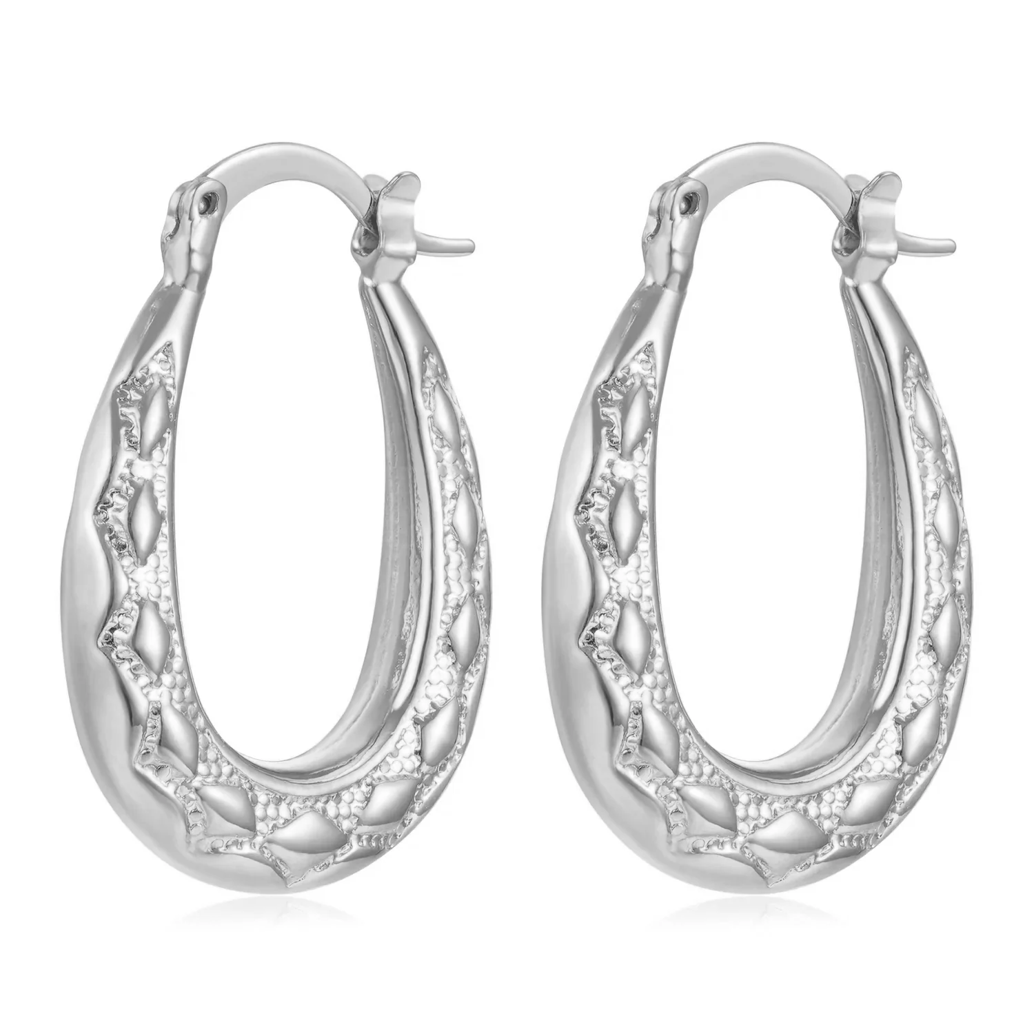 Silver Diamond-Cut Oval Creole Hoop Earrings 25mm