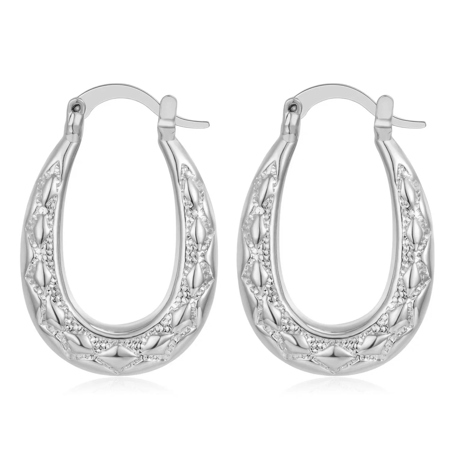 Silver Diamond-Cut Oval Creole Hoop Earrings 25mm - Image 2