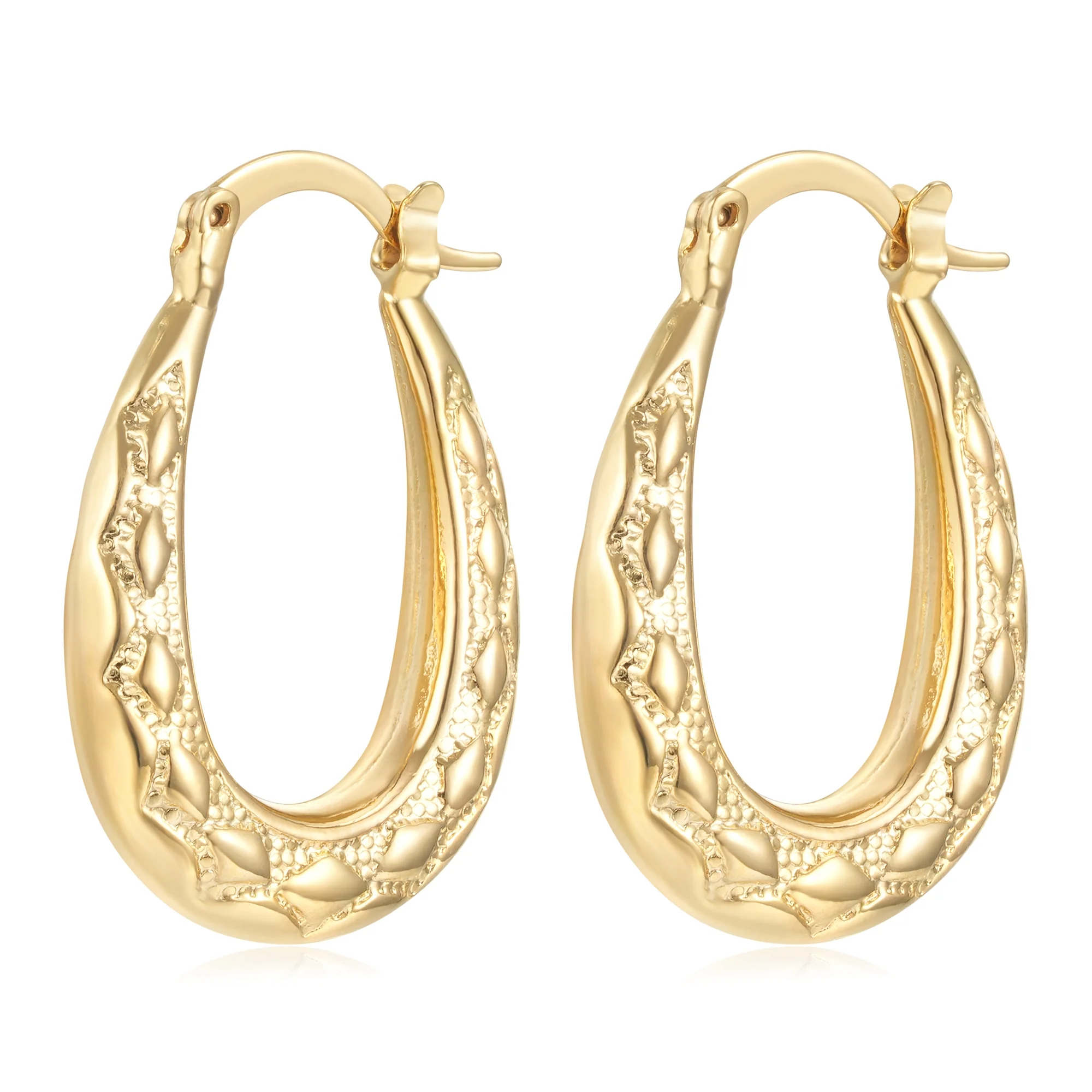 Gold Diamond-Cut Oval Creole Hoop Earrings 25mm - Image 4