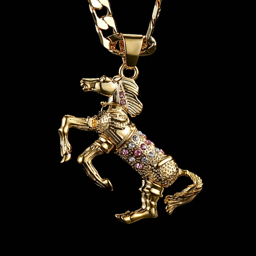 Gold Horse Pendant with Pink Stones - Image 2