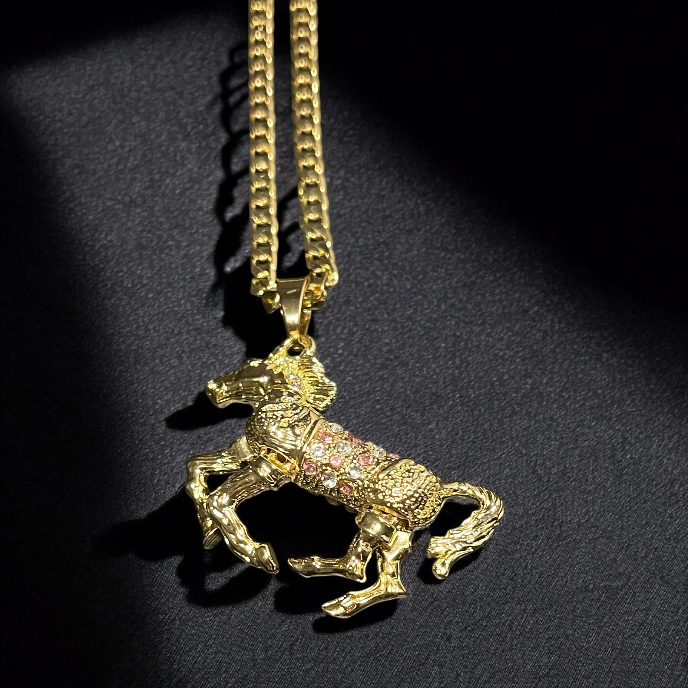 Gold Horse Pendant with Pink Stones - Image 6