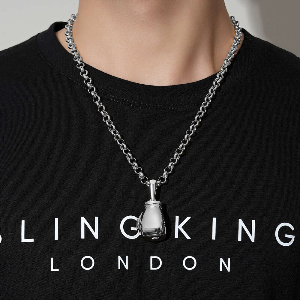 Silver Large Boxing Glove Pendant Necklace 24 Inches 7mm Belcher Chain 77g Statement Jewellery - Image 2