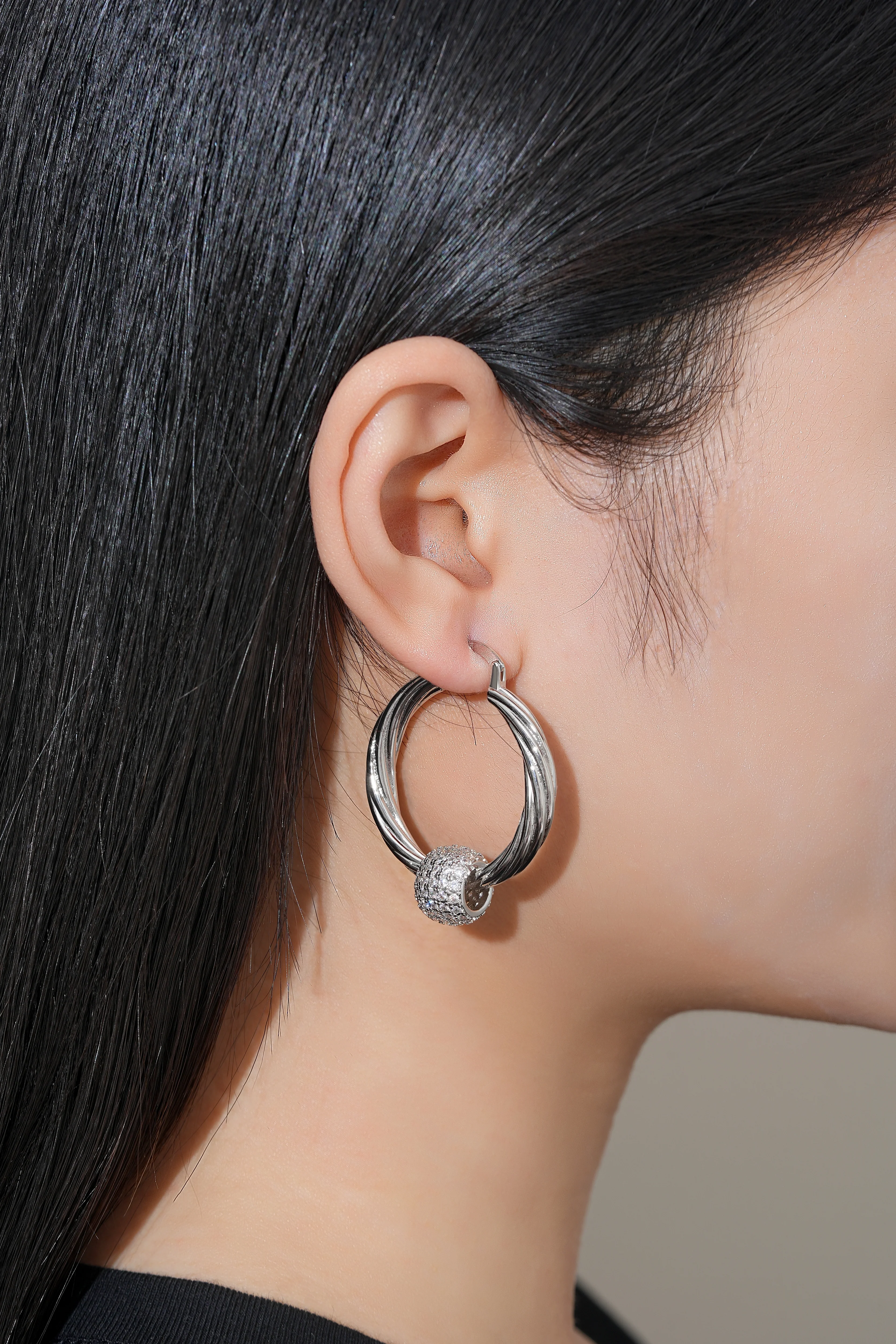 Silver Disco Ball Hoop Earrings - Image 4