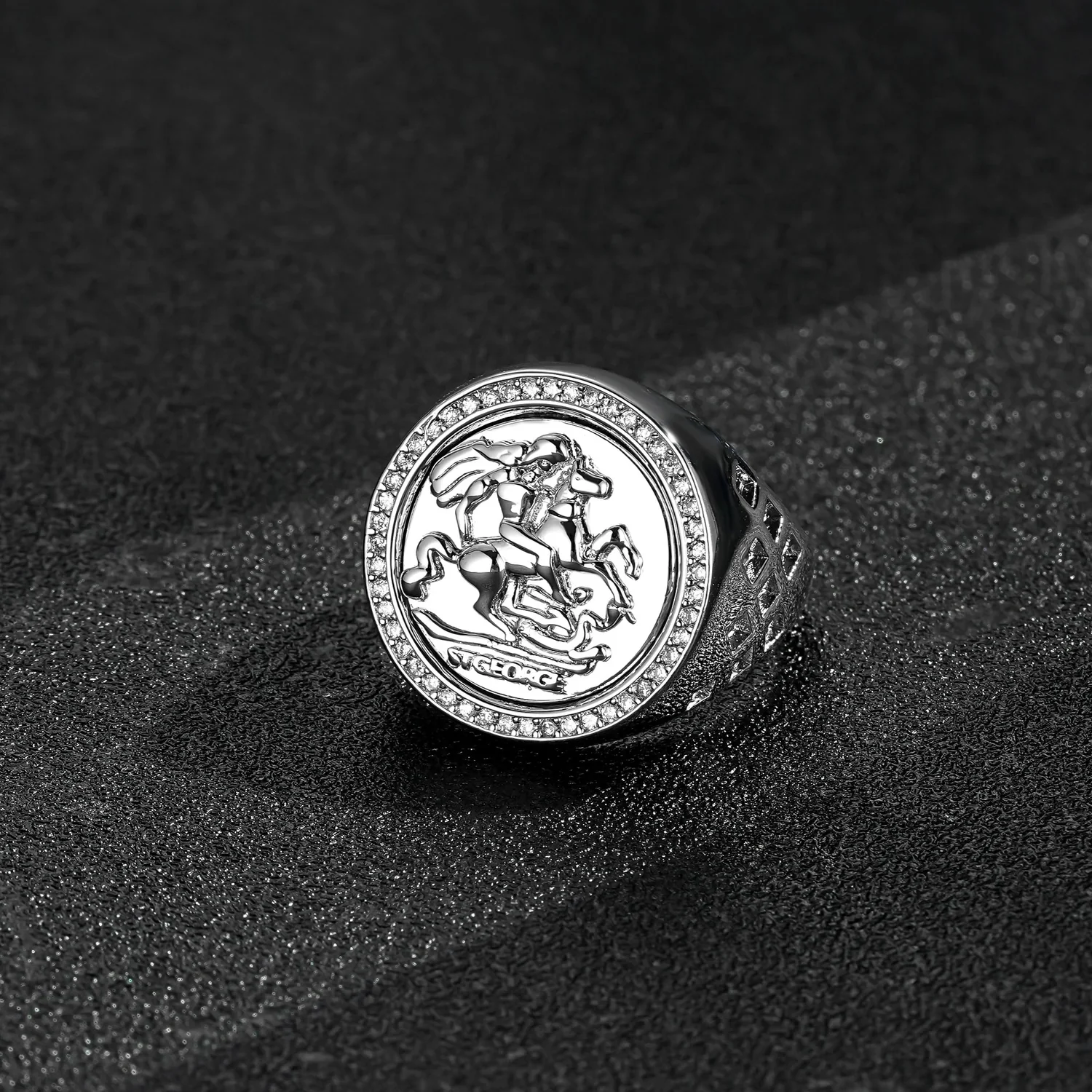 Waterproof Silver St George Sovereign Adjustable Ring with Stones - Image 2