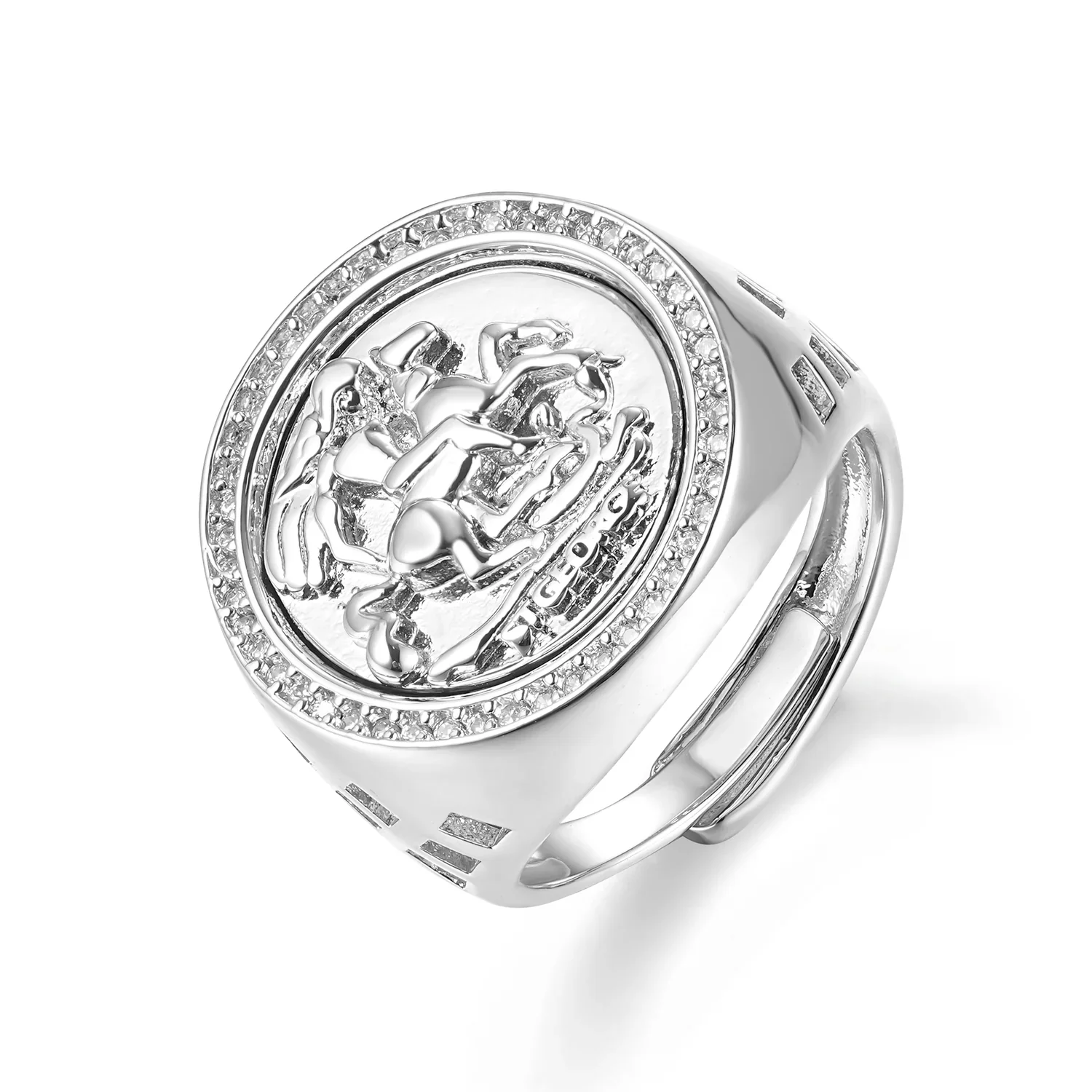 Waterproof Silver St George Sovereign Adjustable Ring with Stones - Image 3